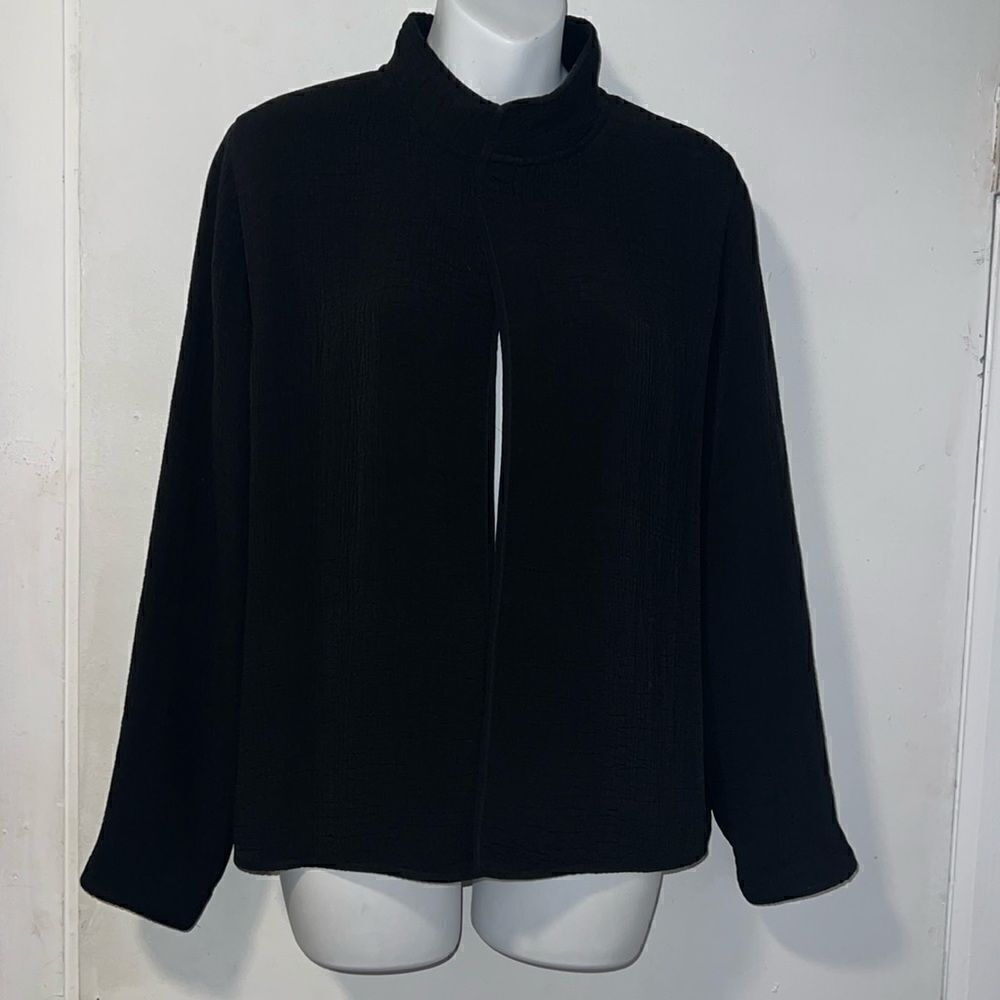 EILEEN FISHER Black Rayon and Silk Stand Collar Magnetic Button Jacket-S